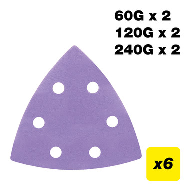 Trend 3-11/16 Inch Delta Sanding Pads for Multi-Tools, 60/120/240 Grit, 6 Pack, Film Abrasive for Tight Area Detail Sanding, AB/OSC/M6