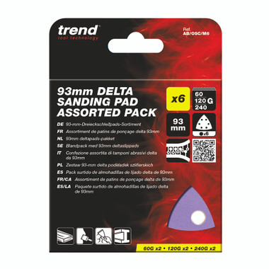 Trend 3-11/16 Inch Delta Sanding Pads for Multi-Tools, 60/120/240 Grit, 6 Pack, Film Abrasive for Tight Area Detail Sanding, AB/OSC/M6