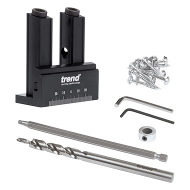 Trend Mini Twin Pocket Hole Jig with HSS Drill Bit & Depth Setting Collar, Square Drive Bit & Pocket Hole Screws Selection, PH/JIG/M