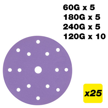 Trend 6 Inch Sanding Discs for Random Orbital Sanders, 60/120/180/240 Grit, 25 Pack, Film Abrasive for Wood, Paint, Metal, Plastic, Filler, AB/150/M25