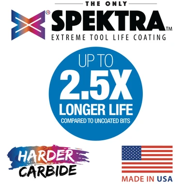 Vollhartmetall Spektra™ Extreme Tool Life Coated Compression Spiral CNC Router Bits mit speziellem, einzigartigem Hartmetall mit nACo® Nanocomposite-Beschichtung für längere Standzeiten in abrasivem Material. 