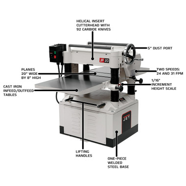 Jetools JT9-708544 JWP-208HH-1: 20" PLANER 5HP 1PH, HELICAL
