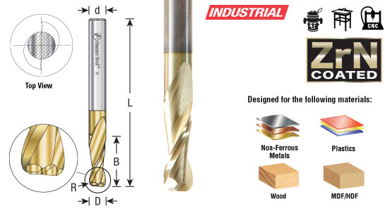 Solid Carbide Spiral Flute Plunge with Corner Radius 2-Flute Up-Cut ZrN Coated Router Bits