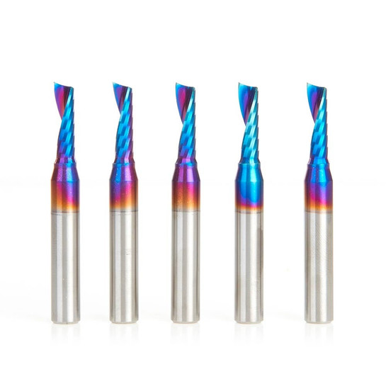 Amana Tool 51417-K-5, 5-Pack CNC Spektra Coated SC Spiral O Single Flute, Plastic Cutting 3/16 D x 5/8 CH x 1/4 SHK x 2 Inch Long Up-Cut Router Bits with Mirror Finish