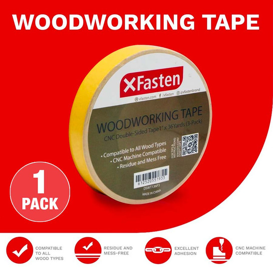 XFasten Double Sided Woodworking Tape w/ Yellow Backing, 1 Inch x 36 Yards (108 Ft per Roll) (1-Pack)