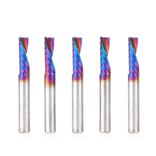 Amana Tool 51504-K-5, 5-Pack Spektra Coated SC Spiral O Single Flute, Plastic Cutting 1/4 D x 3/4 CH x 1/4 SHK x 2 Inch Long Down-Cut CNC Router Bits with Mirror Finish