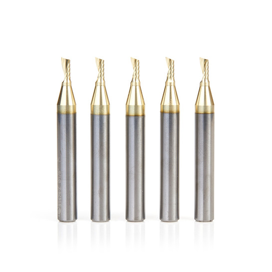 Amana Tool 51474-Z-5, 5-Pack CNC SC Spiral O Single Flute, ZrN Coated Aluminum Cutting 1/8 D x 1/4 CH x 1/4 SHK x 2 Inch Long Up-Cut Router Bits with Mirror Finish