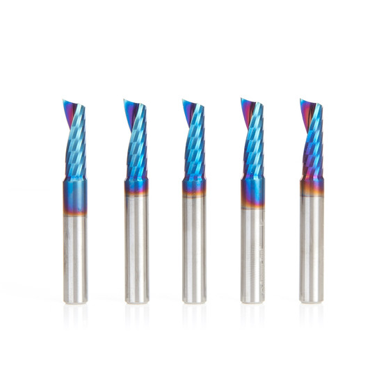 Amana Tool 51404-K-5, 5-Pack CNC Spektra Coated SC Spiral O Single Flute, Plastic Cutting 1/4 D x 3/4 CH x 1/4 SHK x 2 Inch Long Up-Cut Router Bits with Mirror Finish