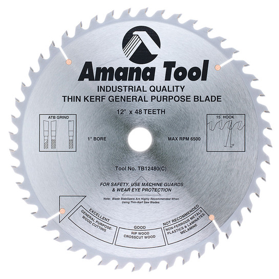 Amana Tool TB12480 Carbide Tipped Thin Kerf General Purpose 12 Inch D x 48T ATB, 15 Deg, 1 Inch Bore, Circular Saw Blade