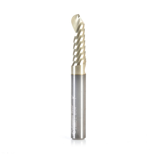 Amana Tool 51882-Z CNC SC Spiral O Single Flute Ball Nose, Aluminum Cutting 1/8 R x 1/4 D x 1/4 SHK x 2 Inch Long Up-Cut ZrN Coated Router Bit with Mirror Finish