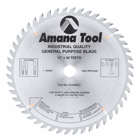 Amana Tool 612480 Carbide Tipped General Purpose 12 Inch D x 48T ATB, 15 Deg,1 Inch Bore, Circular saw Blade