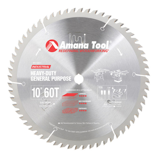 Amana Tool 610601 Carbide Tipped General Purpose 10 Inch D x 60T TCG, 10 Deg, 5/8 Bore, Circular Saw Blade