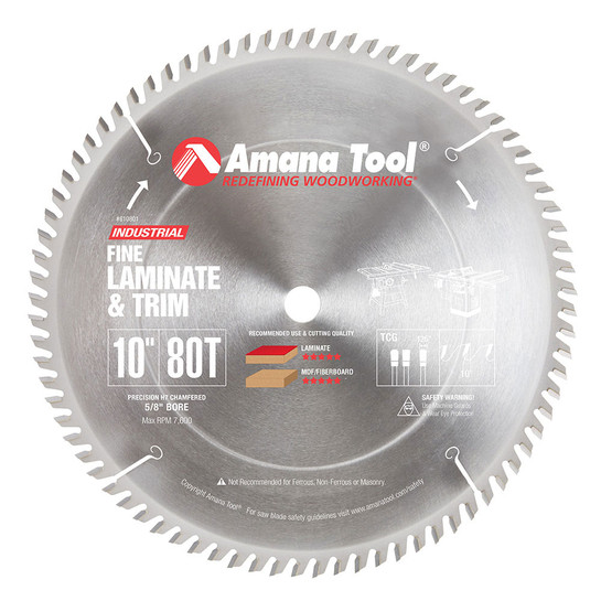 Amana Tool 610801 Carbide Tipped Fine Cut-Off and Crosscut 10 Inch D x 80T TCG, 10 Deg, 5/8 Bore, Circular Saw Blade