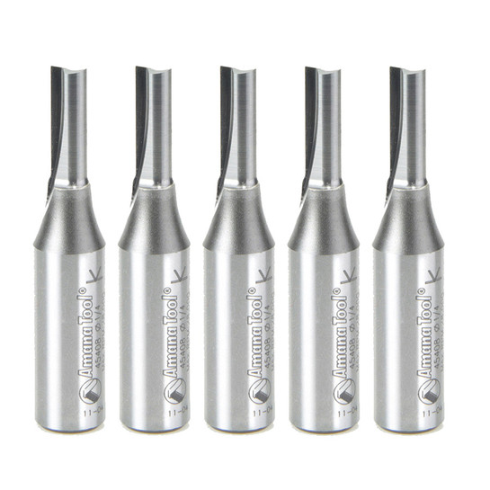 Amana Tool 45408-5, 5-Pack Solid Carbide Cutting Edge Straight Plunge High Production 1/4 D x 3/4 CH x 1/2 SHK x 2-1/2 Inch Long Router Bits