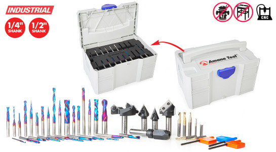 40-Pc Master CNC Router Bit Collection Packed In Stackable Plastic ToolBox, 1/4 and 1/2 Inch Shank