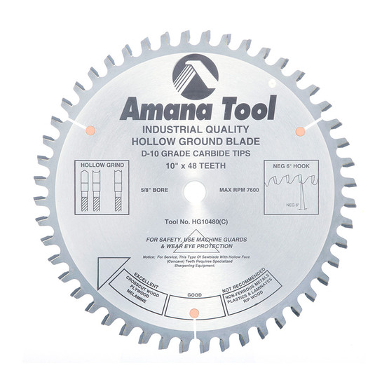 Amana Tool HG10480 Carbide Tipped Hollow Ground 10 Inch D x 48T HG, -6 Deg, 5/8 Bore, Circular Saw Blade