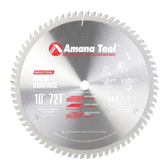 Amana Tool 610721 Carbide Tipped Solid Surface 10 Inch D x 72T M-TCG, 0 Deg, 5/8 Bore, Circular Saw Blade