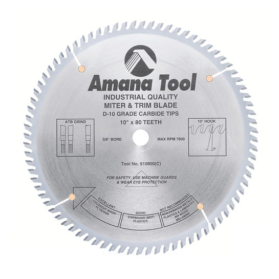 Amana Tool 610800 Carbide Tipped Trim 10 Inch D x 80T ATB, 10 Deg, 5/8 Bore, Circular Saw Blade