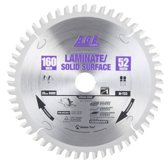 AGE Series MD160-528TB For Festool Track Saw Machine Carbide Tipped Thin Kerf Solid Surface / Laminate Saw Blade 160mm D x 52T M-TCG, -5 Deg, 20mm Bore