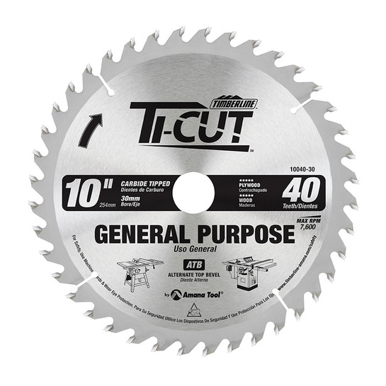 Timberline 10040-30 Carbide Tipped General Purpose 10 Inch D x 40T ATB, 30MM Bore, Circular saw Blade