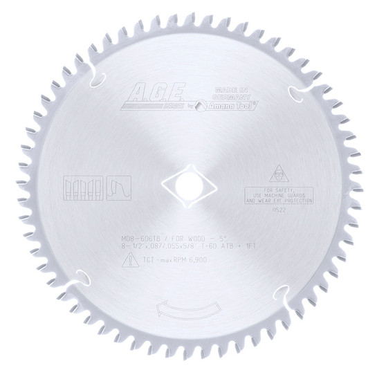 AGE Series MD8-606TB Carbide Tipped Thin Kerf Sliding Compound Miter & Radial 8-1/2 Inch D x 60T ATB, -5 Deg, 5/8 With Diamond Knockout Bore, Circular Saw Blade