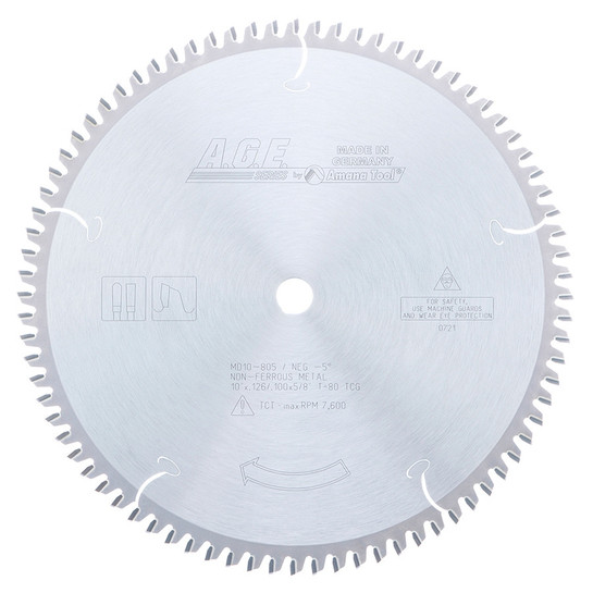 AGE Series MD10-805 Carbide Tipped Aluminum and Non-Ferrous Metals 10 Inch D x 80T TCG, -5 Deg, 5/8 Bore, Circular Saw Blade