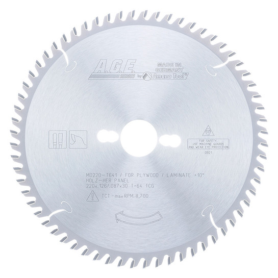 AGE Series MD220-T641 Carbide Tipped Fine Crosscut & Cut-Off 220MM D x 64T TCG, 6 Deg, 30MM Bore, Circular Saw Blade