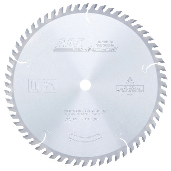 AGE Series MD10-616TB Carbide Tipped Cut-Off and Crosscut Thin Blade 10 Inch D x 60T ATB, 15 Deg, 5/8 Bore, Circular Saw Blade