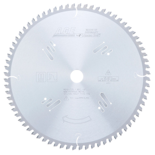 AGE Series MD12-725 Carbide Tipped Aluminum and Non-Ferrous Metals 12 Inch D x 72T TCG, -6 Deg, 1 Inch Bore, Circular Saw Blade