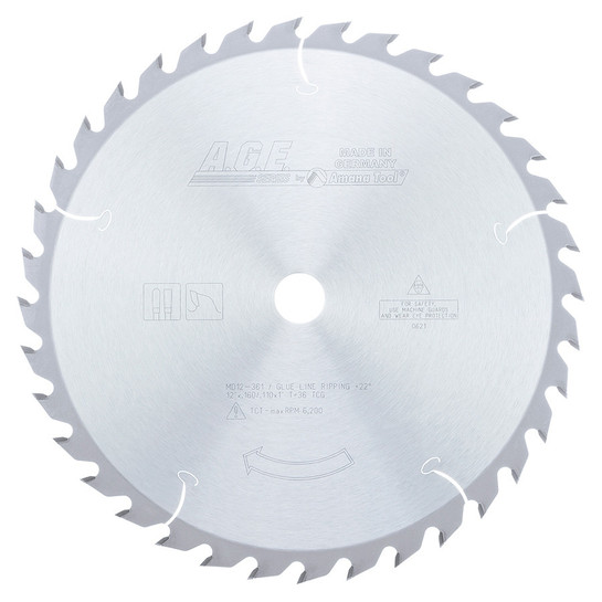 AGE Series MD12-361 Carbide Tipped Glue Line Ripping 12 Inch D x 36T TCG, 22 Deg, 1 Inch Bore, Circular Saw Blade