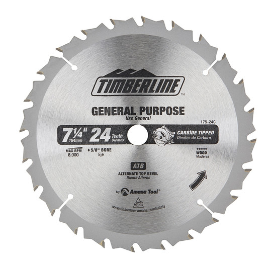 Timberline 175-24C Carbide Tipped Professional Specialty All Purpose 7-1/4 Inch D x 24T ATB, 18 Deg, 5/8 Bore, Circular Saw Blade