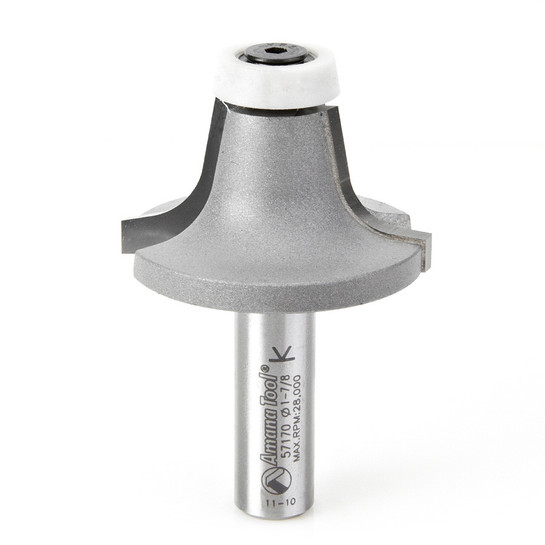 Amana Tool 57170 Carbide Tipped Round Over with Ultra-Glide Radius Bearing Solid Surface 1-7/8 D x 1 Inch CH x 10 Deg x 3/8 R x 1/2 SHK Router Bit