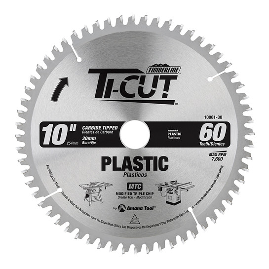 Timberline 10061-30 Carbide Tipped Ti-Cut Plastic 10 Inch D x 60T MTC, -2 Deg, 30MM Bore, Circular Saw Blade