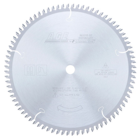 AGE Series MD10-802 Carbide Tipped Industrial Plastic 10 Inch D x 80T M-TCG, -2 Deg, 5/8 Bore, Circular Saw Blade