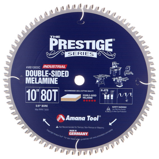 Amana Tool MB10800C Carbide Tipped Double-Face Melamine 10 Inch D x 80T H-ATB, -6 Deg, 5/8 Bore Circular Saw Blade