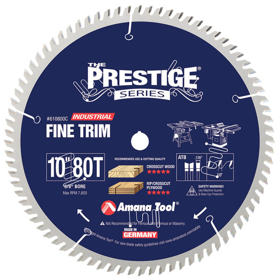 Amana Tool 610800C Carbide Tipped Prestige Trim 10 Inch D x 80T ATB, 10 Deg, 5/8 Bore Circular Saw Blade