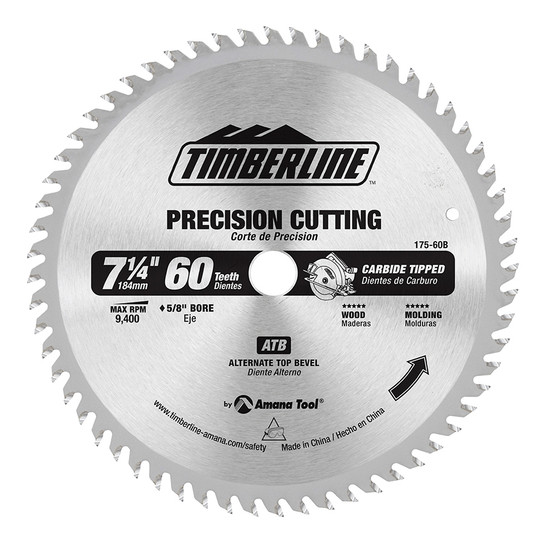 Timberline 175-60B Carbide Tipped Professional Specialty All Purpose 7-1/4 Inch D x 60T ATB, 12 Deg, 5/8 Bore, Circular Saw Blade