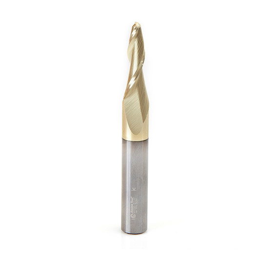 Amana Tool 46285 CNC 2D and 3D Carving 5 Deg Tapered Angle Ball Nose x 1/4 D x 1/8 R x 1-3/8 CH x 1/2 SHK x 4 Inch Long x 2 Flute SC ZrN Coated Upcut Router Bit