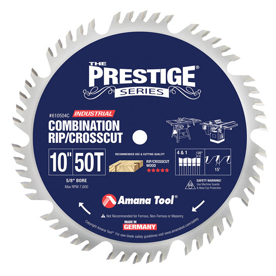 Amana Tool 610504C Carbide Tipped Prestige Combination Ripping and Crosscut 10 Inch D x 50T 4+1, 15 Deg, 5/8 Bore, Circular Saw Blade