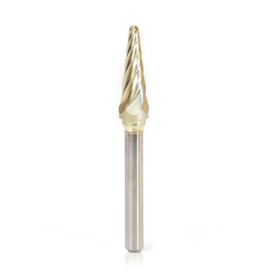 Amana Tool BURS-214NF Radius Cone Shape SC Head 3/8 D x 1-1/16 CH x 1/4 SHK x 2-13/16 Inch Long ZrN Coated Double Cut SL Burr Bit