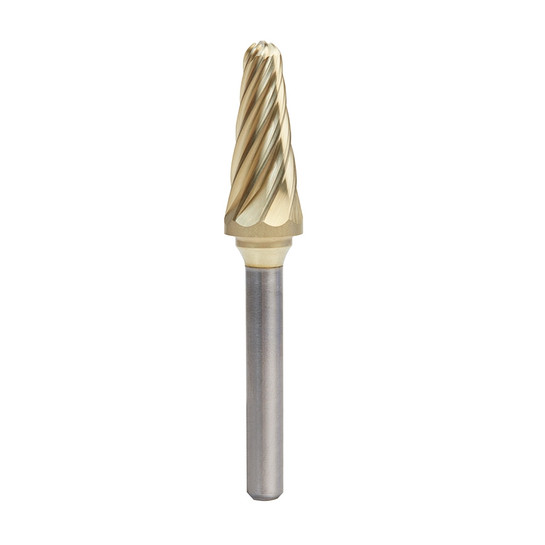 Amana Tool BURS-218NF Radius Cone Shape SC Head 1/2 D x 1-1/8 CH x 1/4 SHK x 2-7/8 Inch Long ZrN Coated Double Cut SL Burr Bit