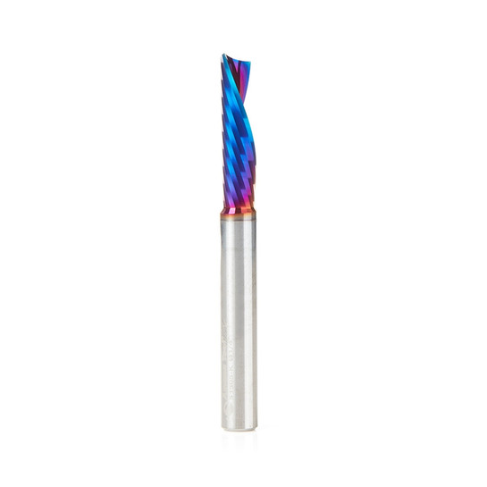 Amana Tool 51505-K CNC Spektra Coated SC Spiral O Single Flute, Plastic Cutting 1/4 D x 1 CH x 1/4 SHK x 2-1/2 Inch Long Down-Cut Router Bit with Mirror Finish