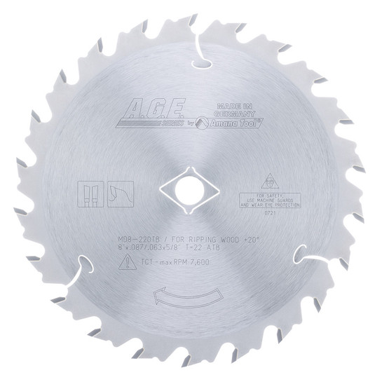 AGE Series MD8-220TB Carbide Tipped Thin Kerf Ripping 8 Inch Dia x 22T ATB, 20 Deg, 5/8 Bore with Diamond Knockout, Circular Saw Blade