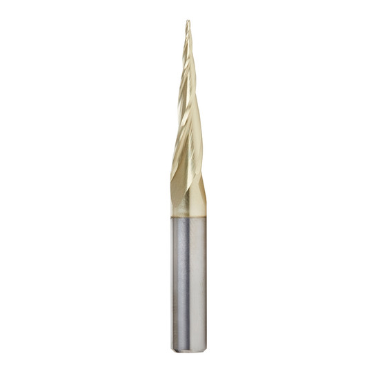 Amana Tool 46280-S CNC 2D and 3D Carving 6.2 Deg Tapered Angle Ball Nose x 1/32 D x 1/64 R x 1 CH x 1/4 SHK x 2-1/4 Inch Long x 3 Flute SC ZrN Coated Upcut Router Bit