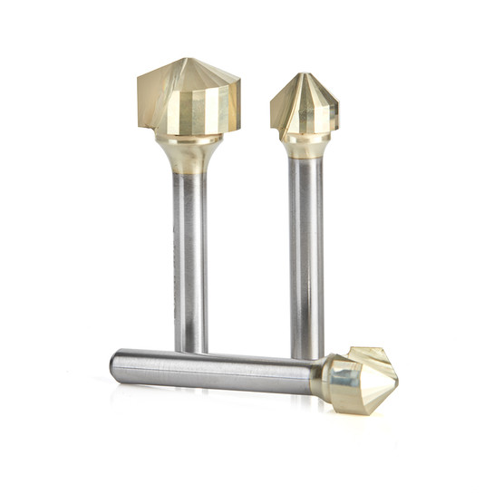 Amana Tool AMS-218 3-Pc Carbide V-Groove 90, 108 and 135 Deg. Folding Double Edge for Composite Material (TCM, CCM, ACM) Panels, 1/4 Inch SHK ZrN Coated Router Bit Pack