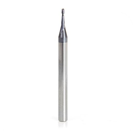 Amana Tool 51745 Mini Solid Carbide Spiral for Steel, Stainless Steel & Composites, AlTiN Coated 0.020 Radius x 0.040 Dia x 0.125 Cut Height x 1/8 Shank x 1-1/2 Inch Long Up-Cut 2-Flute Ball End Router Bit/End Mill