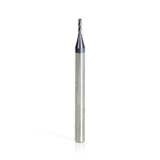 Amana Tool 51758 Mini Solid Carbide Spiral for Steel, Stainless Steel & Composites, AlTiN Coated 0.025 Radius x 0.050 Dia x 0.174 Cut Height x 1/8 Shank x 1-1/2 Inch Long Up-Cut 4-Flute Ball End Router Bit/End Mill