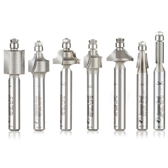 Amana Tool AMS-610 Carbide Tipped 7-Pc Miniature Router Bit Pack with Mini 3/16 Dia Lower Ball Bearing