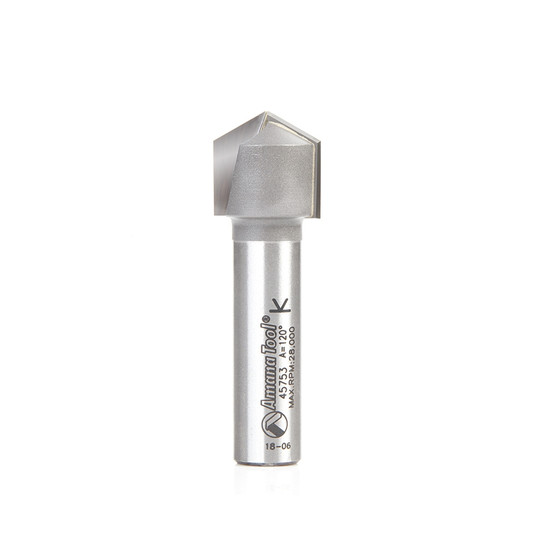 Amana Tool 45753 Carbide Tipped V Groove 120 Deg x 19.5mm (49/64) D x 5mm CH x 1/2 Inch SHK Router Bit