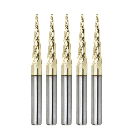 Amana Tool 46282-5, 5-Pack CNC 2D and 3D Carving 5.4 Deg Tapered Angle Ball Nose x 1/16 D x 1/32 R x 1 CH x 1/4 SHK x 3 Inch Long x 4 Flute SC ZrN Coated Upcut Router Bits